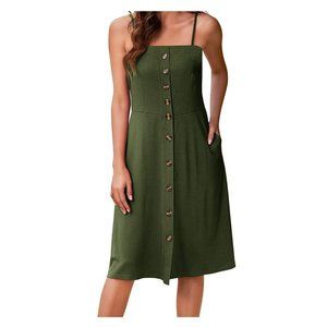 Hount Green Summer Casual Dresses Spaghetti Strap Button Down Boho Beach Midi M